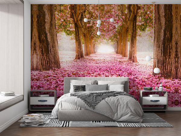 Nature Wallpaper, Non Woven, Pink Blossom Flowers Wallpaper, Blossom tree over nature background Wall Mural