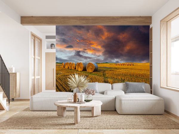 Nature Wallpaper, Non Woven, Haymaking Farmland Sunset Wallpaper, Stubble Bales Wall Mural