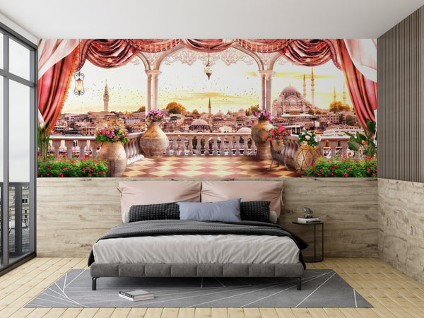 Fresco Wallpaper, Non Woven, Istanbul City Wallpaper Mural, Arched Teracce Wall Mural