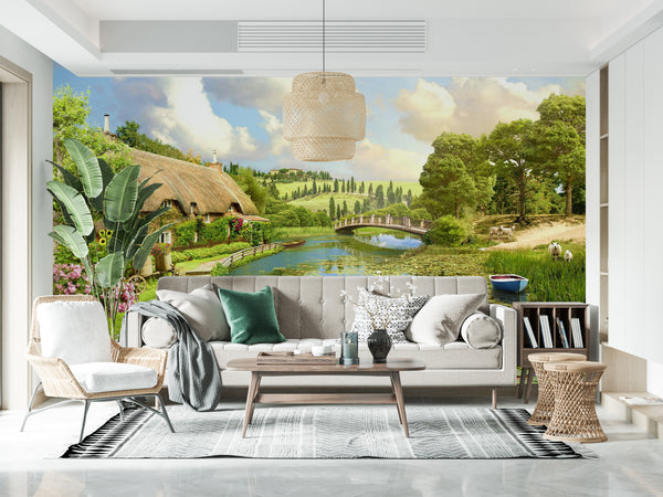 Fresco Wallpaper Mural | Village Cottage Wall Mural