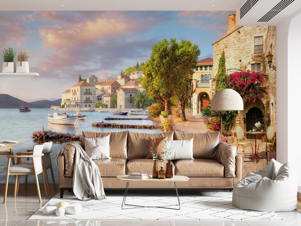 Fresco Wallpaper, Non Woven, Landscape View Wallpaper, Old City Wall Mural, Sailing Boat Mural