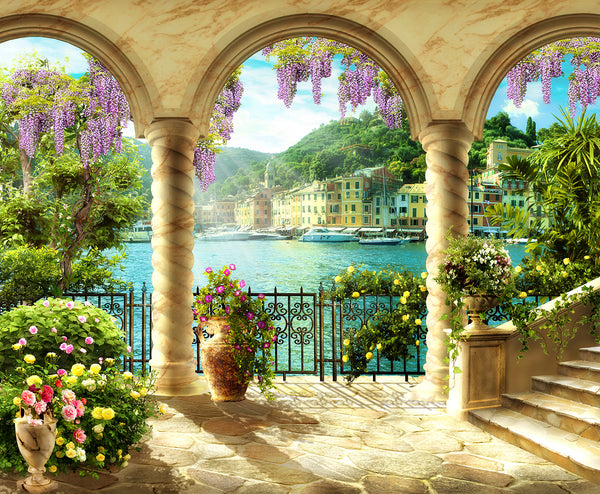 Fresco Wallpaper, Non Woven, Lake View Wallpaper, Arched Teracce Wall Mural