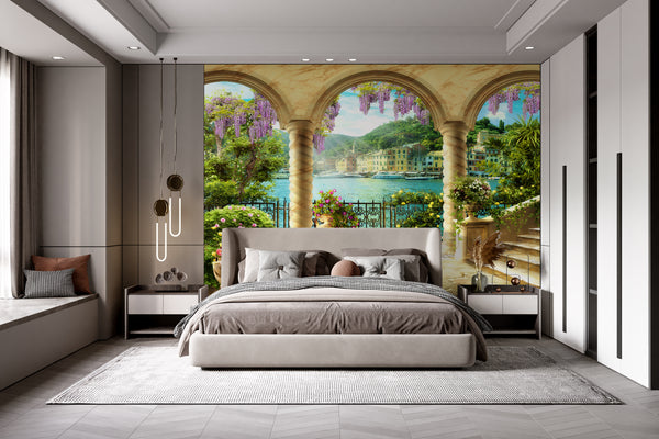 Fresco Wallpaper, Non Woven, Lake View Wallpaper, Arched Teracce Wall Mural