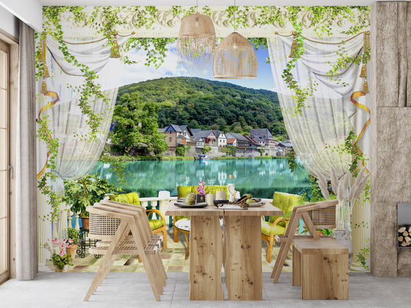 Fresco Wallpaper, Non Woven, Summer Teracce Wallpaper, Lake View Wall Mural