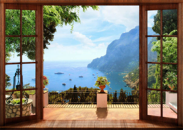 Fresco Wallpaper, Non Woven, Window with Sea View Wallpaper, Nature Landscape Wall Mural