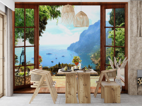 Fresco Mural | Window with Sea View Wallpaper