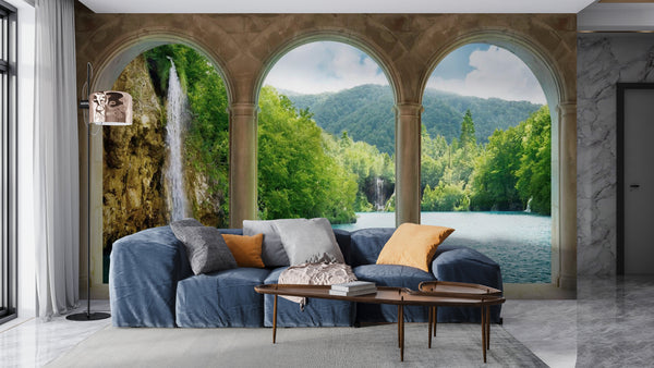 Fresco Wallpaper Mural | Arched Terrace and Waterfall View Wallpaper Mural