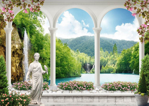 Fresco Wallpaper, Non Woven, Arched Terrace and Waterfall View Wallpaper Mural, Roman Statue Wall Mural