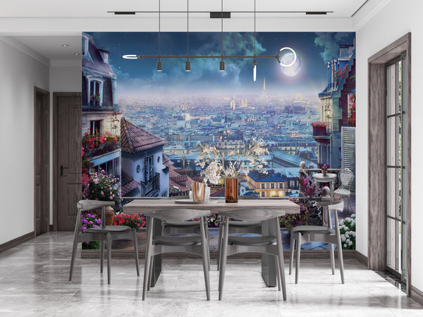 Fresco Wallpaper, Non Woven, Night Paris City View Wallpaper, Eiffel Tower Wall Mural