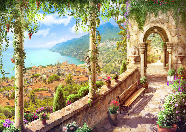 Fresco Wallpaper, Non Woven, Vintage Terrace and Old Town View Wallpaper Mural, Landscape Wall Mural