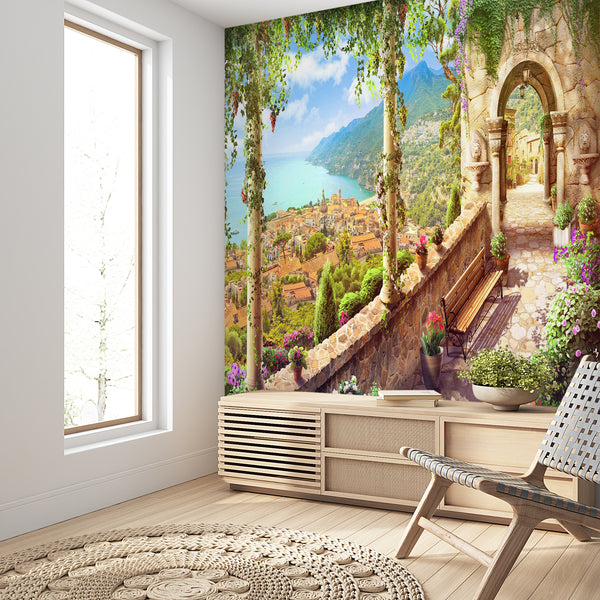 Fresco Wallpaper Mural | Vintage Terrace and Old Town View Wallpaper Mural