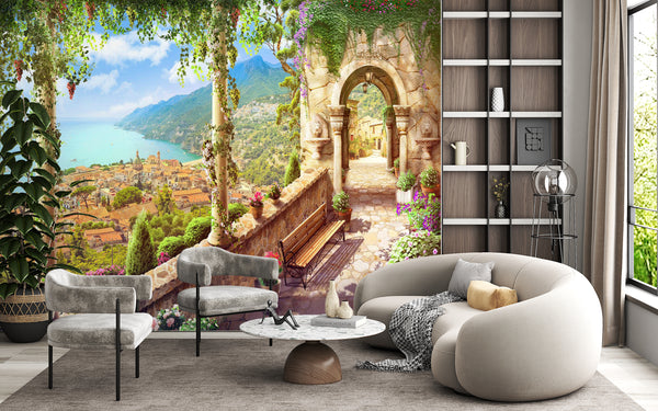 Fresco Wallpaper, Non Woven, Vintage Terrace and Old Town View Wallpaper Mural, Landscape Wall Mural