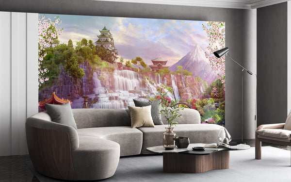 Fresco Wallpaper, Non Woven, Oriental Landscape Wallpaper, Waterfall and Chinese Nature, Mountain and Sakura Flowers Wall Mural