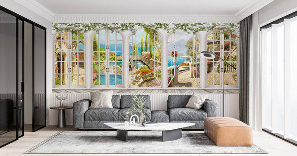 Fresco Wallpaper Mural | Arched Balcony and Beautiful View Wallpaper