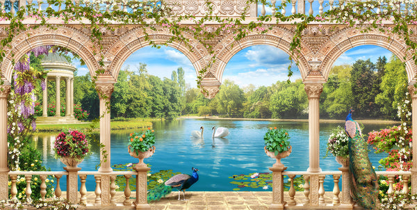 Fresco Wallpaper, Non Woven, Arched Terrace and Beautiful Landscape Wallpaper, Lake and Birds, White Swans and Peacock Birds Wall Mural