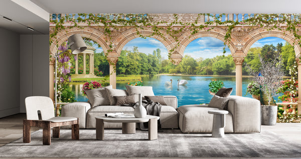 Fresco Wallpaper, Non Woven, Arched Terrace and Beautiful Landscape Wallpaper, Lake and Birds, White Swans and Peacock Birds Wall Mural