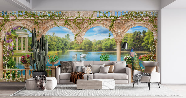 Fresco Mural | Arched Terrace and Beautiful Landscape Wallpaper