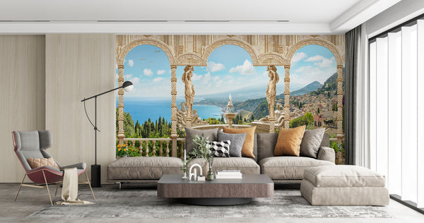 Fresco Wallpaper, Non Woven, Arched Terrace and Roman Sculptures Wallpaper, Vintage Landscape Wall Mural