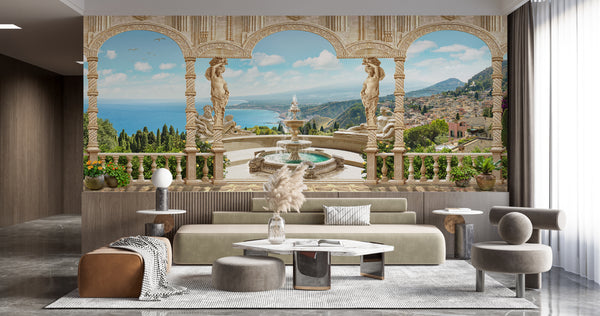 Fresco Wallpaper | Arched Terrace and Roman Sculptures Wallpaper