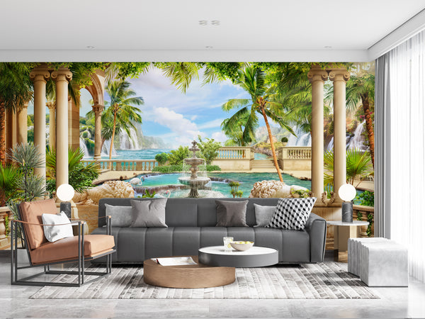 Fresco Wallpaper, Non Woven, Tropical Garden and Palms Wallpaper, Roman Columns Wall Mural