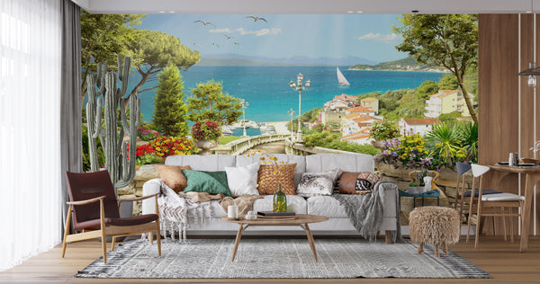 Fresco Wallpaper, Non Woven, Balcony Garden with Sea View Wallpaper, Italy Sea Wall Mural