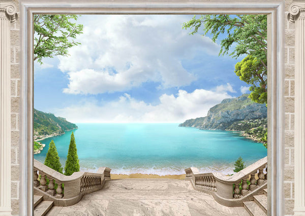 Fresco Wallpaper, Non Woven, Seascape Terrace Wallpaper, Landscape Wall Mural