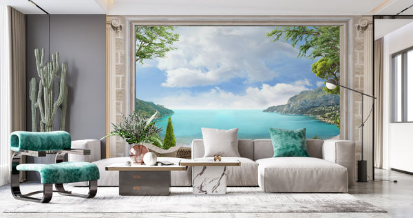 Fresco Wallpaper, Non Woven, Seascape Terrace Wallpaper, Landscape Wall Mural