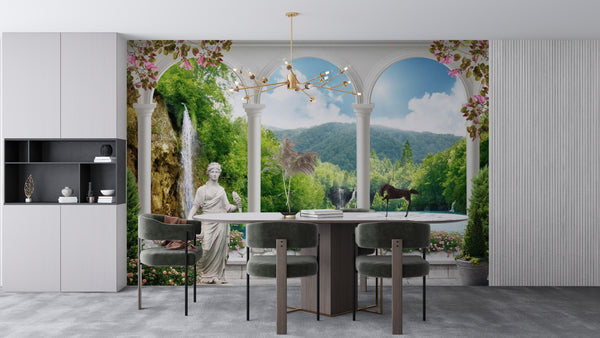 Fresco Mural | Arched Terrace and Waterfall View Wallpaper Mural