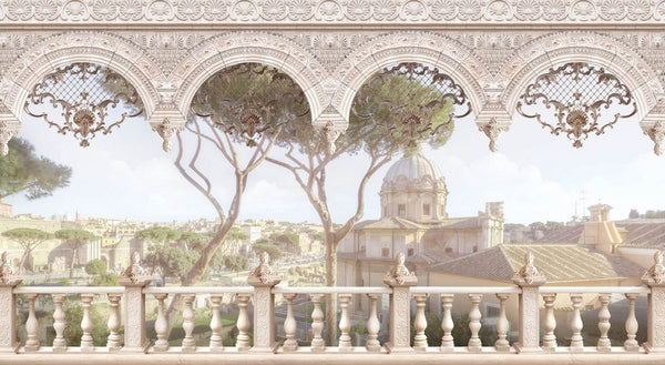 Fresco Wallpaper, Non Woven, Arched Teracce and Vintage City View Wallpaper Mural, Provence Wall Mural