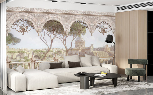 Fresco Wallpaper | Arched Teracce and Vintage City View Wallpaper Mural