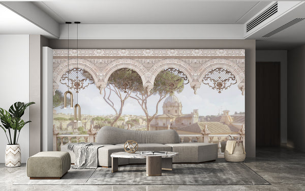 Fresco Wallpaper, Non Woven, Arched Teracce and Vintage City View Wallpaper Mural, Provence Wall Mural