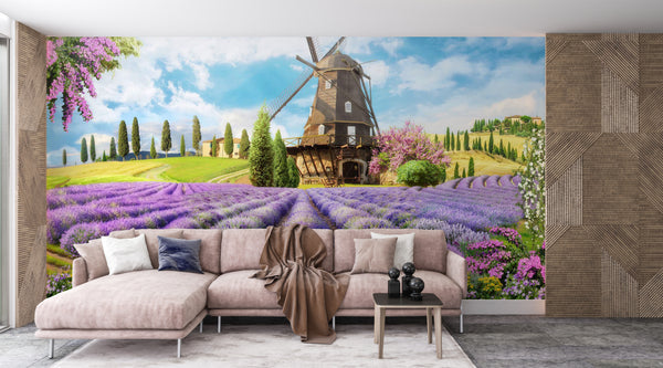 Fresco Mural | Mill in Lavender Flowers Wall Mural