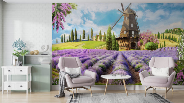 Fresco Wallpaper, Non Woven, Provence Landscape Wallpaper, Mill in Lavender Flowers Wall Mural