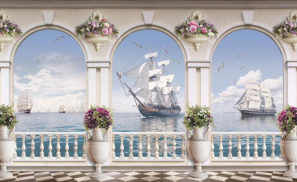 Fresco Wallpaper, Non Woven, Sailing Boat Wallpaper, Arched Teracce View on Sea Wall Mural