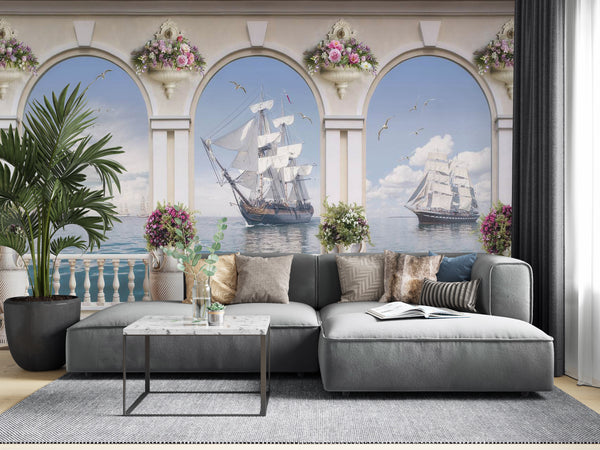 Fresco Wallpaper, Non Woven, Sailing Boat Wallpaper, Arched Teracce View on Sea Wall Mural