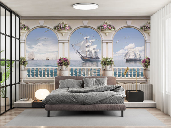 Fresco Wallpaper | Arched Teracce View on Sea Wall Mural