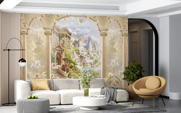 Fresco Wallpaper, Non Woven, Roman Columns and Mountain View Wallpaper, Antique Fresco Wall Mural