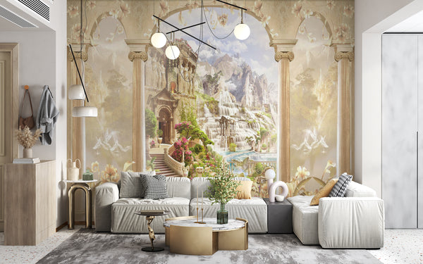 Fresco Wallpaper Mural | Roman Columns and Mountain View Wallpaper