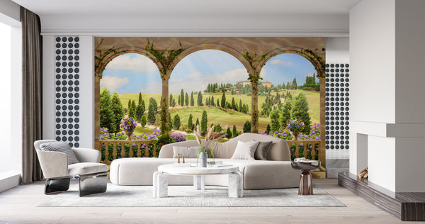 Fresco Wallpaper, Non Woven, Fountain in Garden Wallpaper, Italian Provence Wall Mural