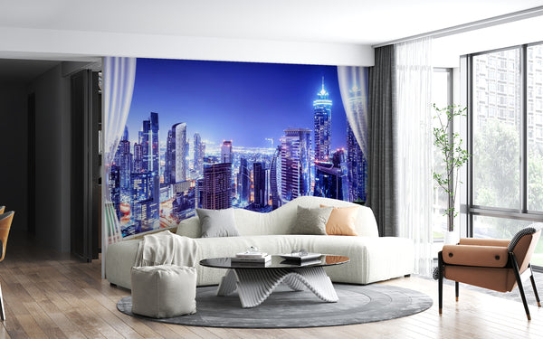 Fresco Wallpaper, Non Woven, Nighscape Wallpaper, City Buildings Wall Mural