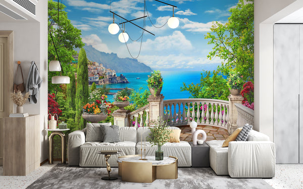 Fresco Wallpaper, Non Woven, Teracce oveloocking the Sea Wallpaper, Beatiful Garden Wall Mural