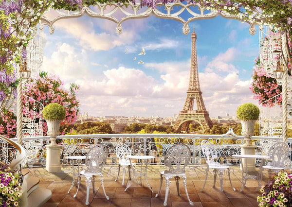 Fresco Wallpaper, Non Woven, Balcony View on Paris City Wallpaper, Eiffel Tower Wall Mural