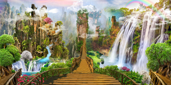 Fresco Wallpaper, Non Woven, Fairy Landscape View Wallpaper, Mountains, Waterfall and Rainbow Wall Mural