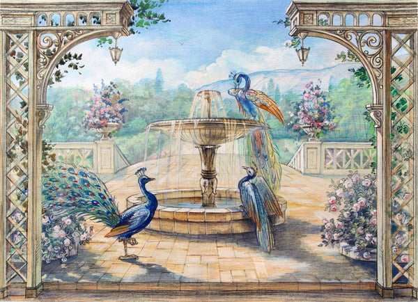 Fresco Wallpaper, Non Woven, Painted Peacock Birds Wallpaper, Fountain Gadern View Wall Mural