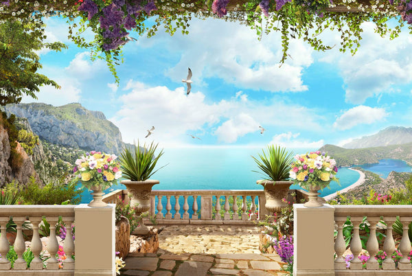 Fresco Wallpaper, Non Woven, Veranda Sea View Wall Mural, Panoramic Sea Wall Mural