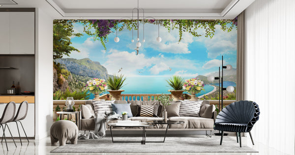 Fresco Wallpaper, Non Woven, Veranda Sea View Wall Mural, Panoramic Sea Wall Mural