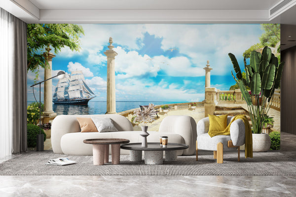 Fresco Wallpaper, Non Woven, Ship in the Sea Wallpaper, Roman Columns Wall Mural