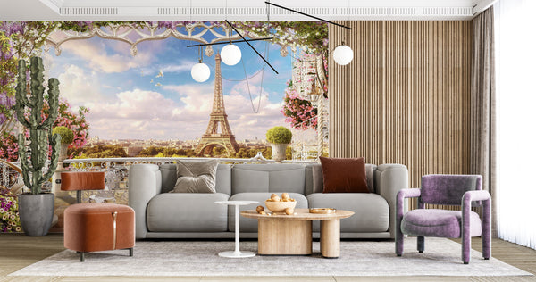 Fresco Wallpaper, Non Woven, Balcony View on Paris City Wallpaper, Eiffel Tower Wall Mural