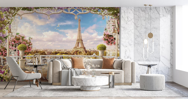 Fresco Wallpaper Mural | Balcony View on Paris City Wallpaper