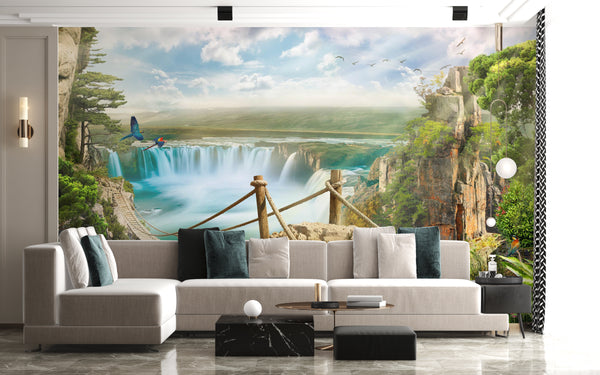 Fresco Wallpaper, Non Woven, Bridge over Waterfall Wallpaper, Tropical View Wall Mural